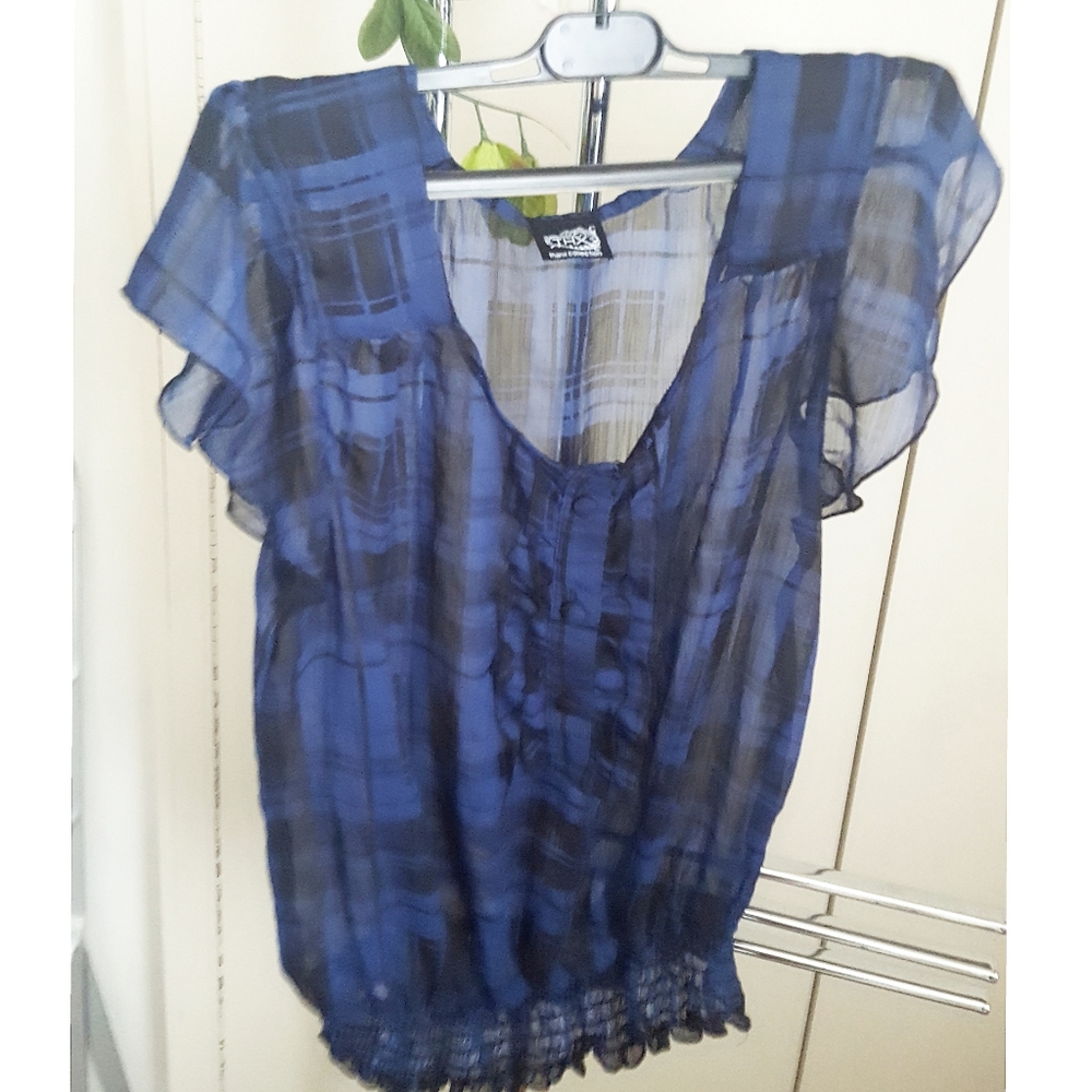 VTG 90's-Y2K THX🧊Plaid Chiffon Top| Ruffle Front|Butterfly Sleeves